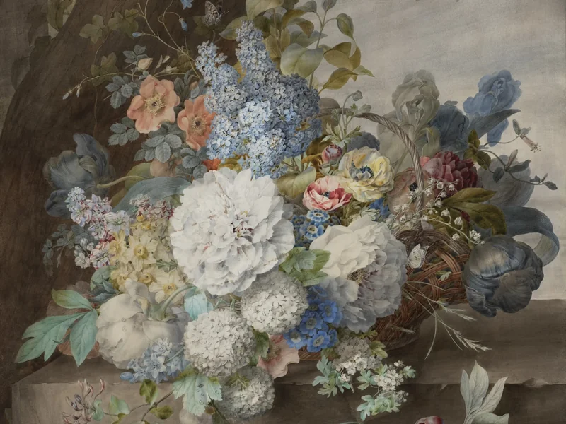 1814-Olympe Arson - Cesto di peonie, lillà, auricole, narcisi, iris e mughetti su una panca di pietra